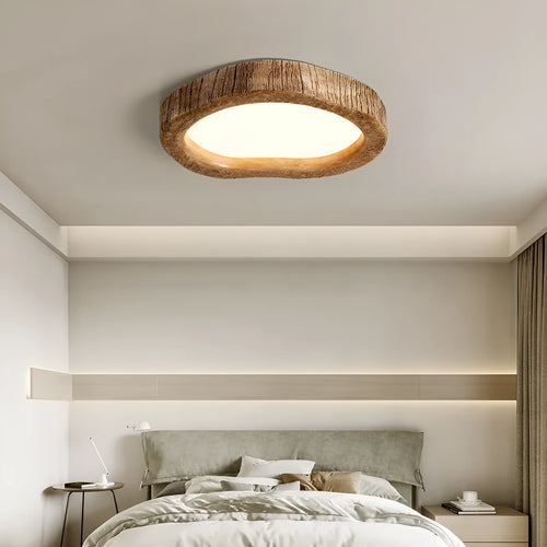 Wood grain finish round ceiling light in new Chinese style, shown in three size options.