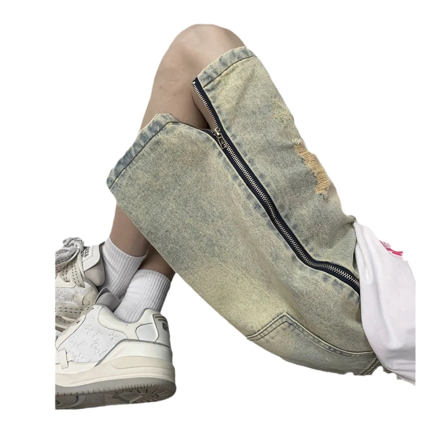 Blue retro denim shorts for men with ripped detail, loose five-points fit, and button fly closure.