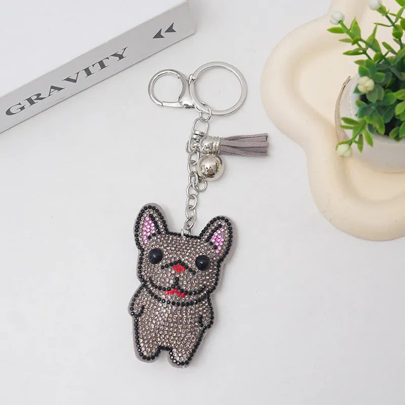 French dog rhinestone keychain with cartoon animal charm on electroplated alloy, 5-7cm size