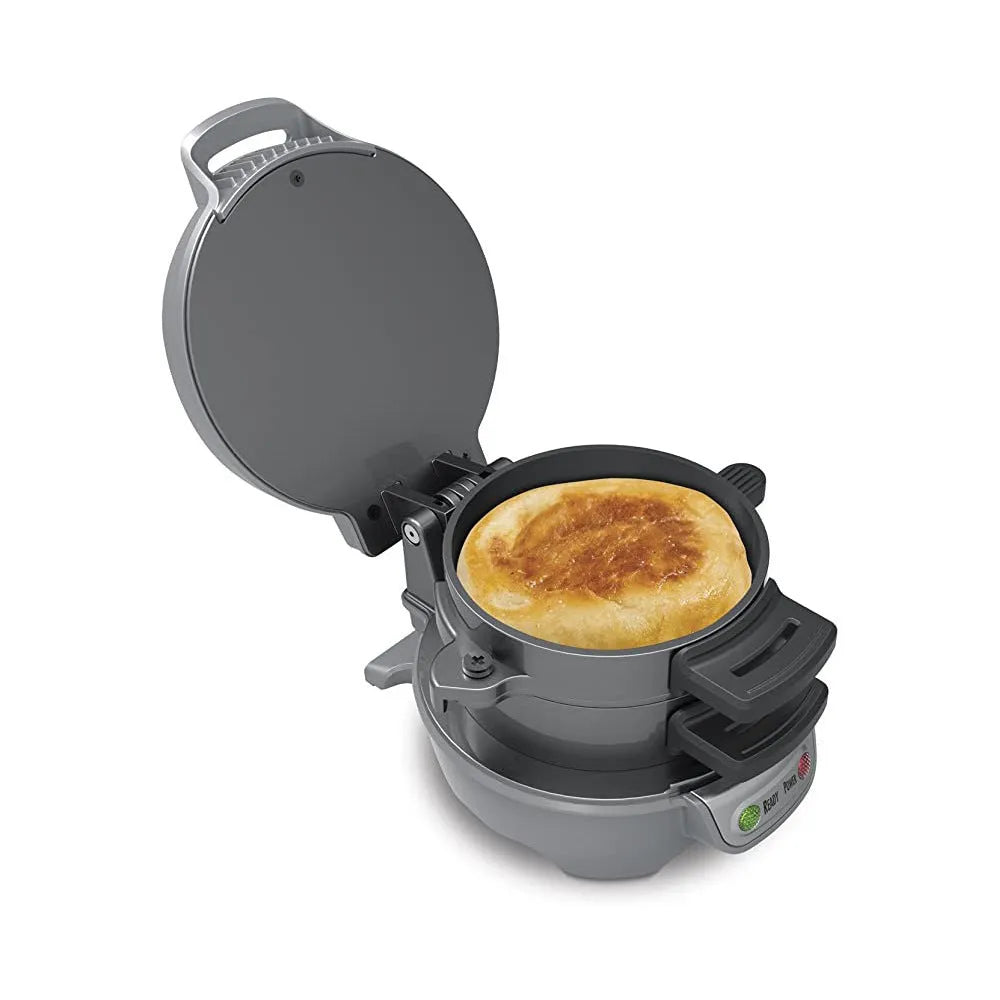 Household breakfast sandwich maker machine with egg cooker ring in bright red colour
