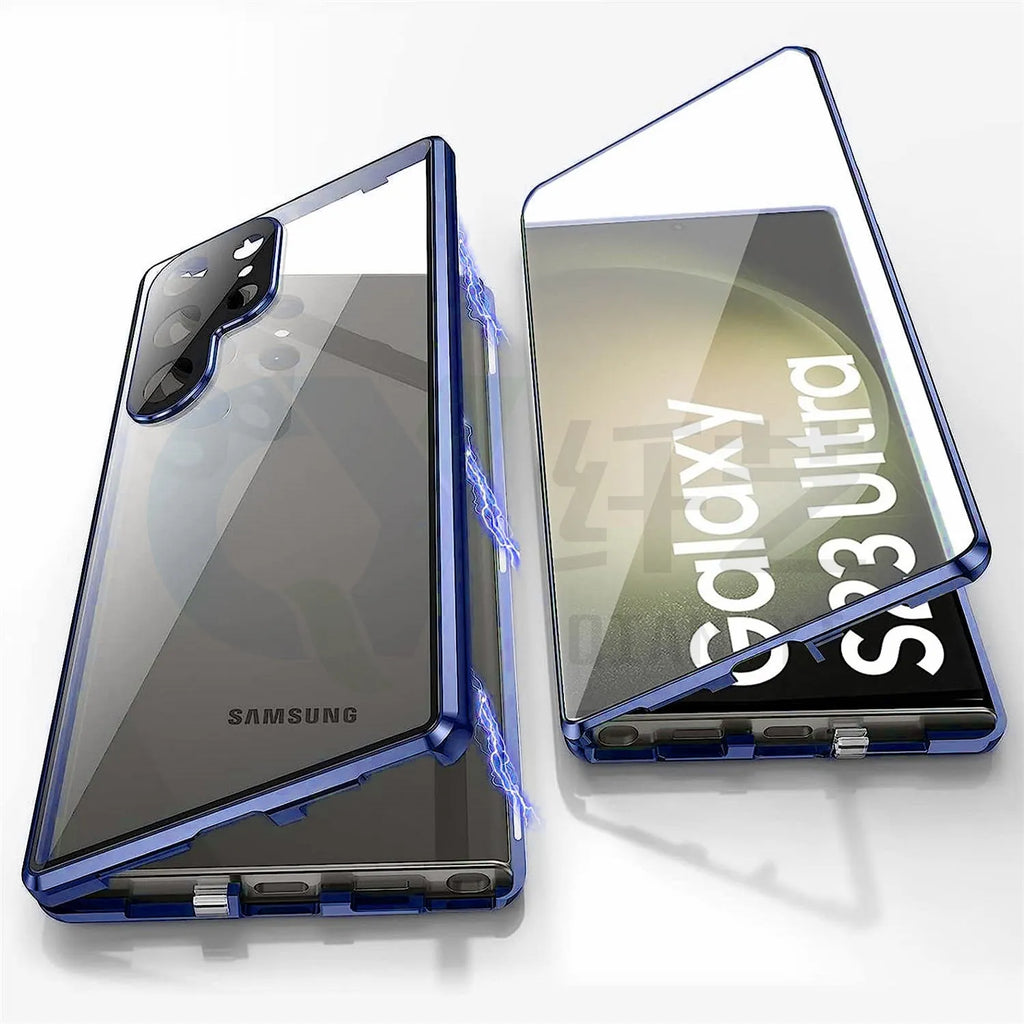 Metal magnetic phone case with peep-proof mirror for Samsung S24 Ultra in black colour.