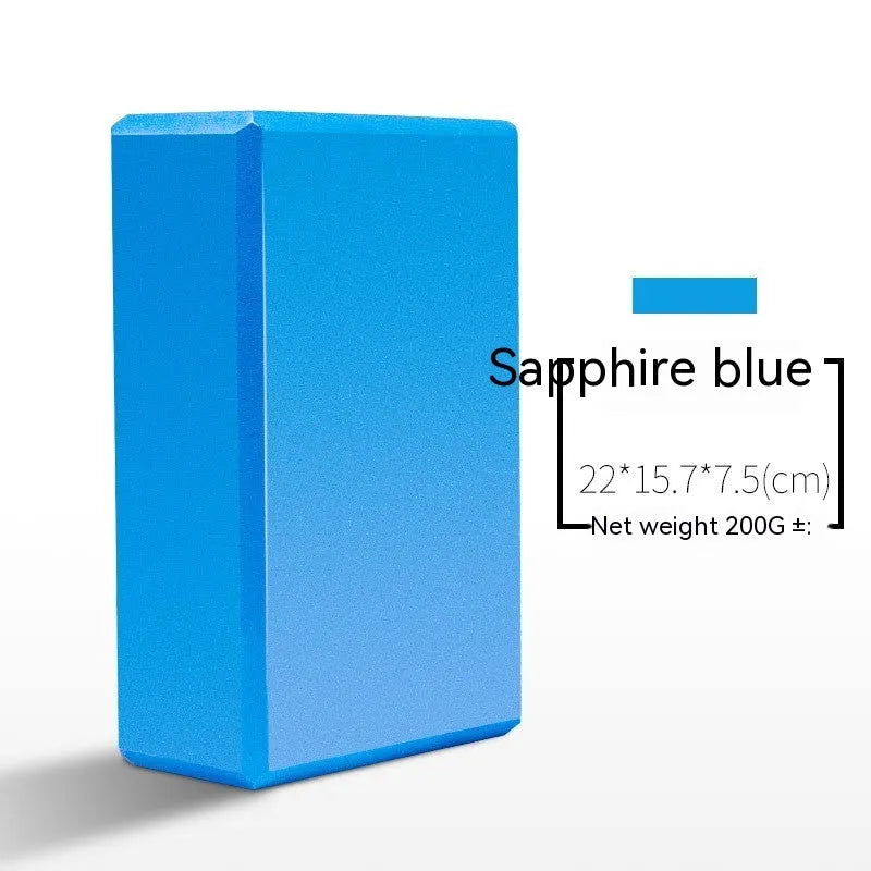 A high-density EVA yoga block in a choice of solid colours or printed designs, measuring 23cm by 15cm.