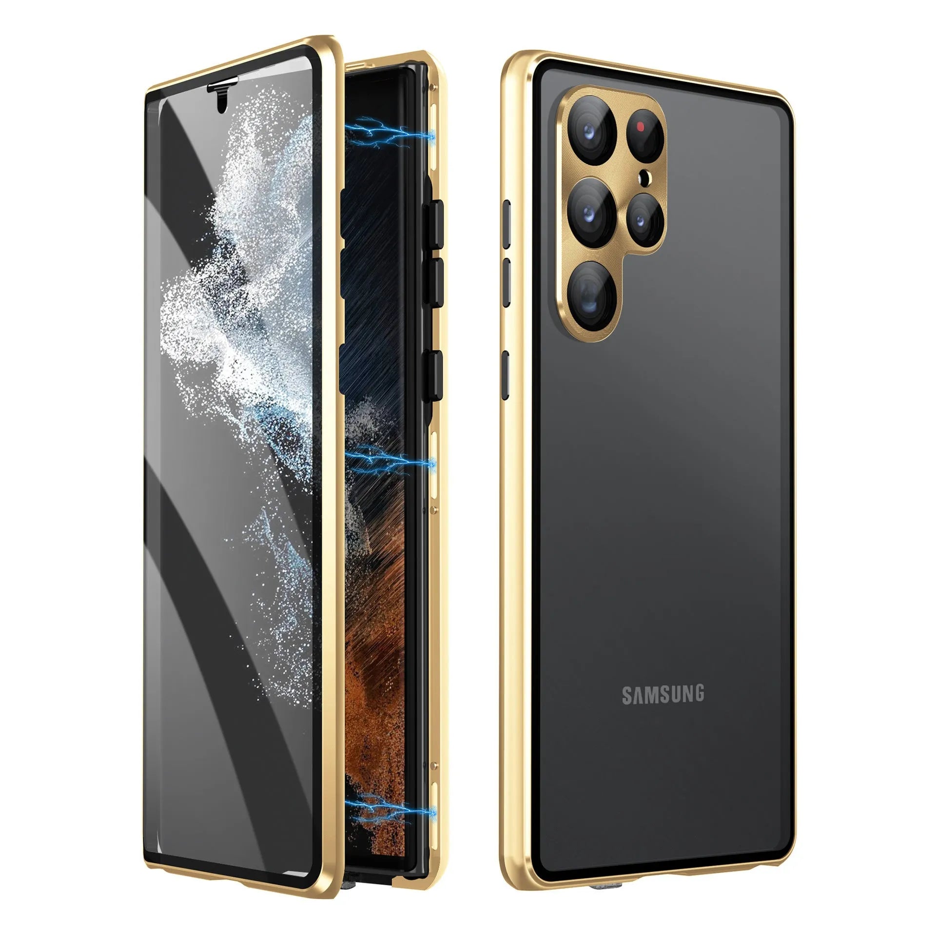 Metal magnetic phone case with peep-proof mirror for Samsung S24 Ultra in black colour.