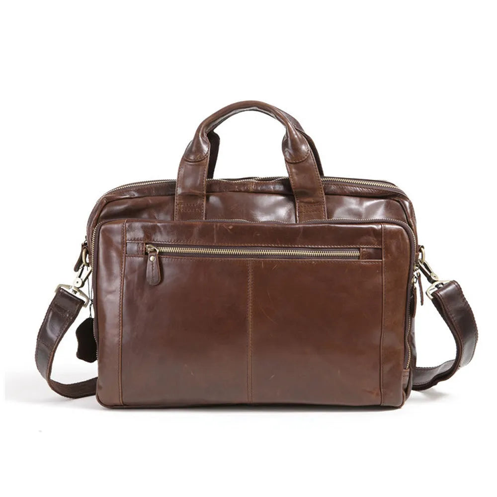 Brown 18 inch men's leather business briefcase open to show polyester cotton lining