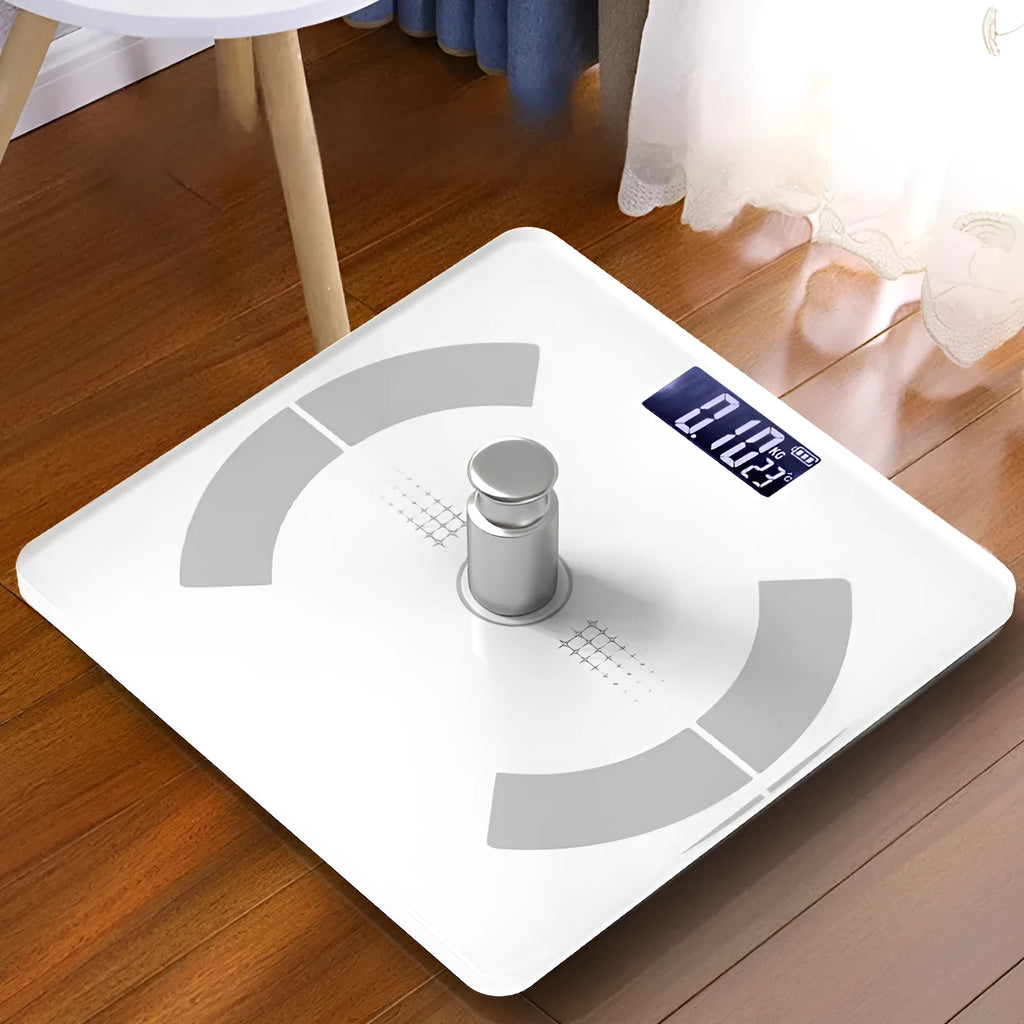 Smart Bluetooth rechargeable body fat scale in white, black or pink colours showing weight, fat, calorie and moisture measurement