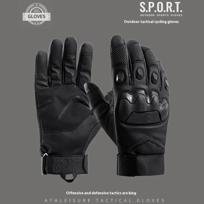 Men's black full finger tactical gloves with breathable fabric and touchscreen capable fingertips.