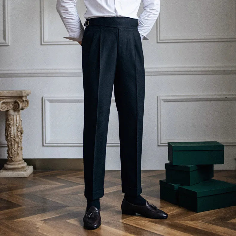 Men's high waist straight leg casual trousers in polyester available in black, white, khaki, and brown colours
