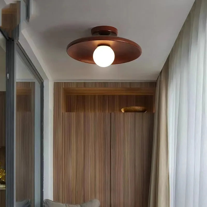 Japanese-style solid wood ceiling lamp in walnut finish with circular shade, 28cm diameter, mounted on ceiling
