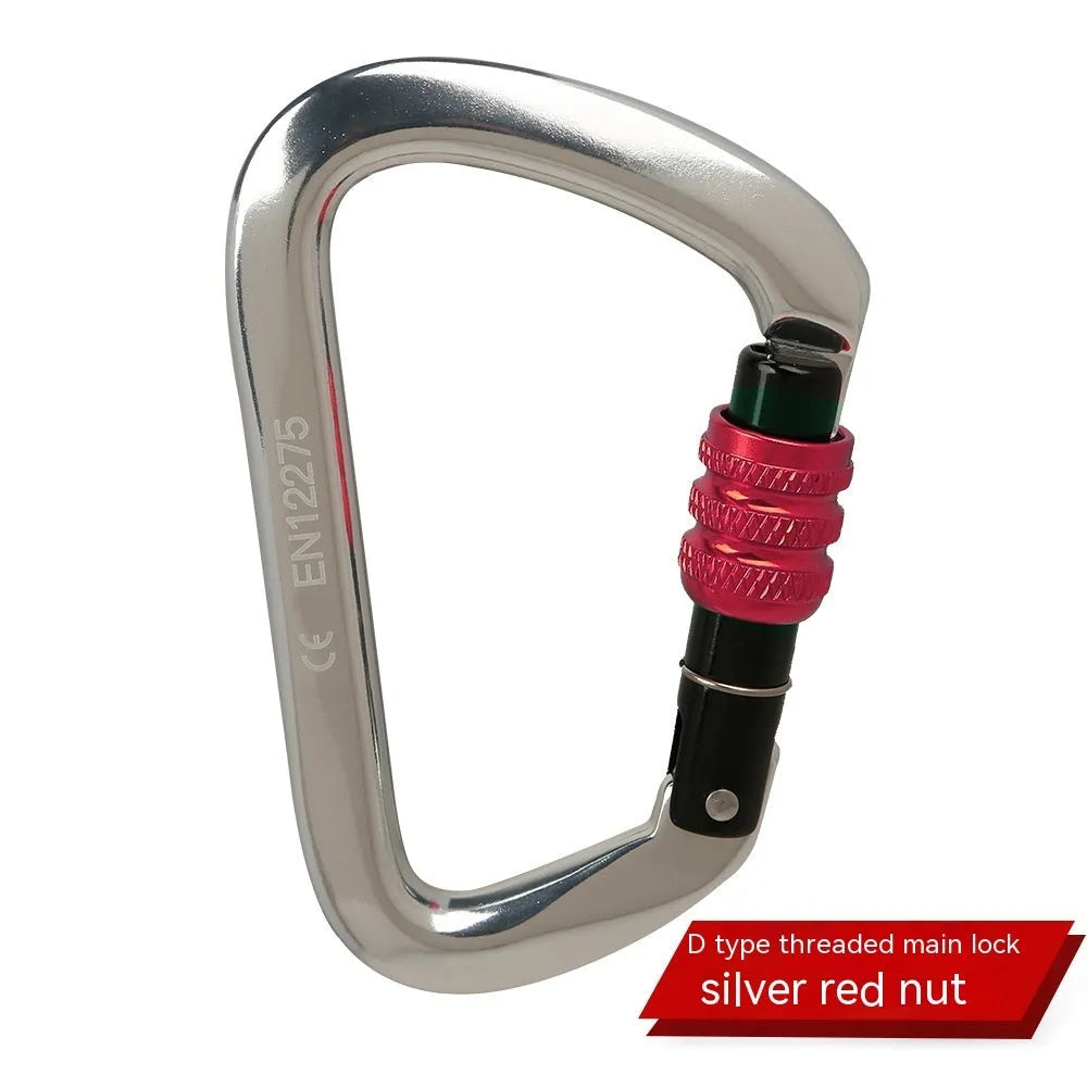 D-shaped locking climbing carabiner main lock in silver red colour with automatic gate closure.