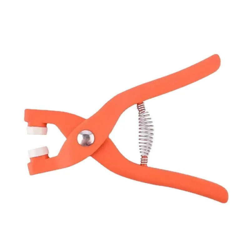 Five claw stainless steel no sew suit buttons for children's clothing, shown with plier tool.