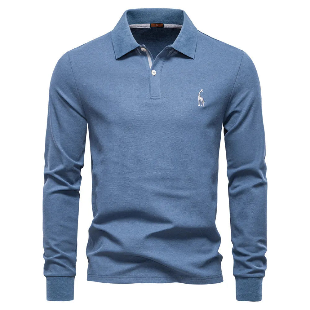 Men's casual polo long sleeve top with deer embroidery, cotton blend, available in multiple colours