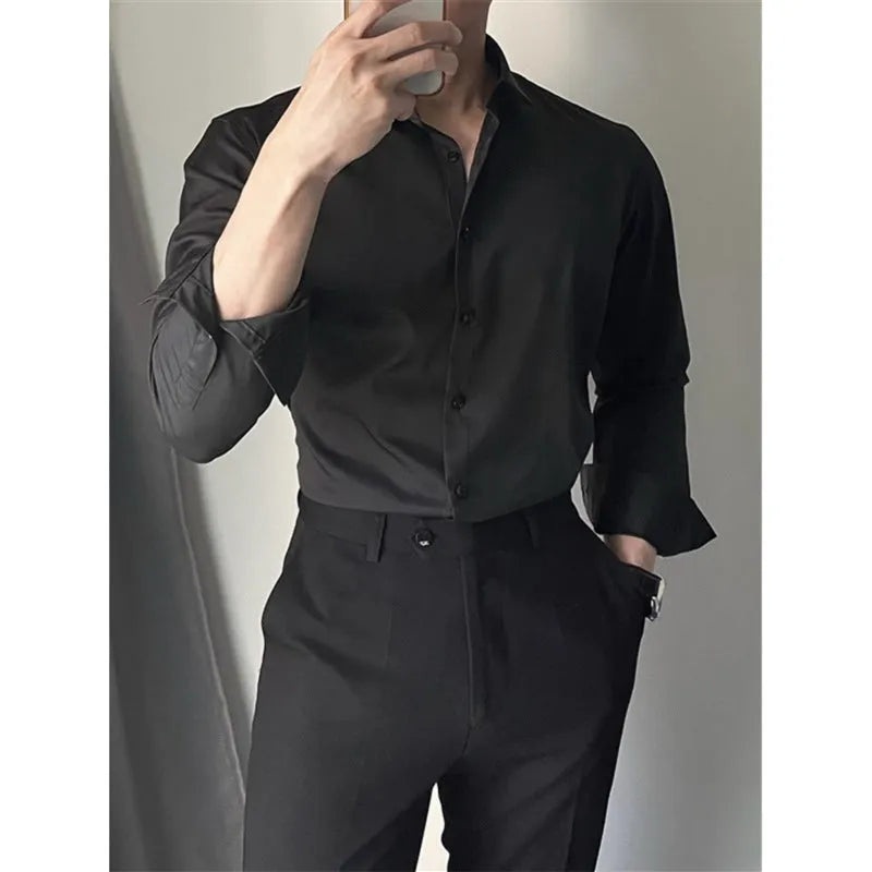 Men's Korean slim fit cardigan-style shirt in solid black, grey, or white.