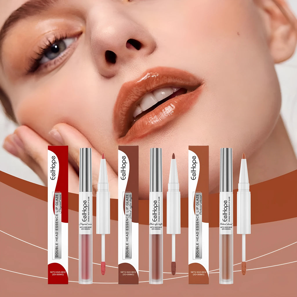 Double-ended lip liner and lip lacquer pen in three colour shades.