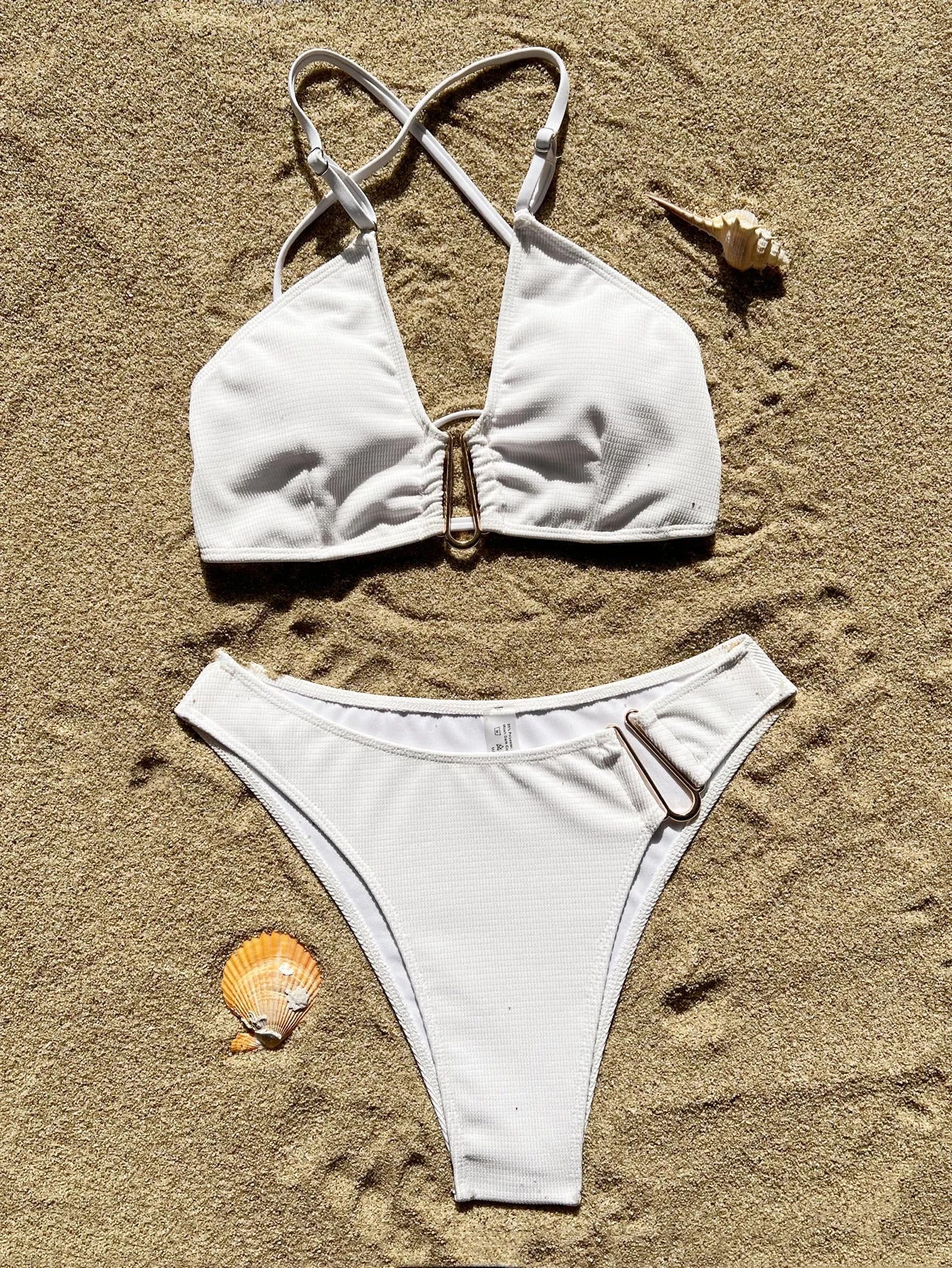 Solid colour white bikini swimsuit with stitching detail, two piece, brief style, spandex lining