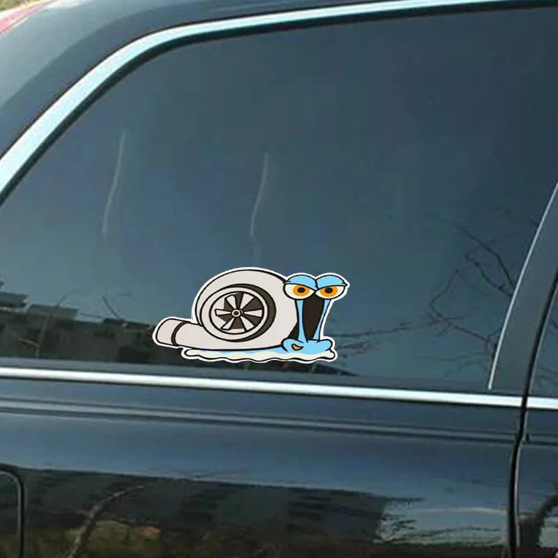 White cartoon snail reflective car sticker measuring 12 by 8 centimetres