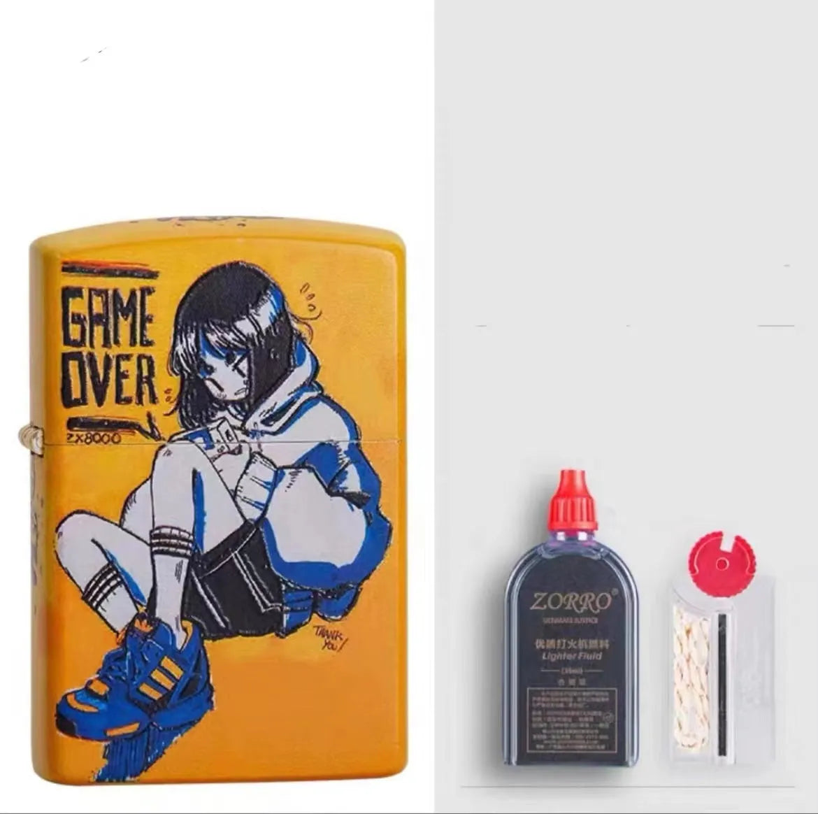 Windproof kerosene lighter with artistic design, steel and copper construction, 58x39x13mm dimensions