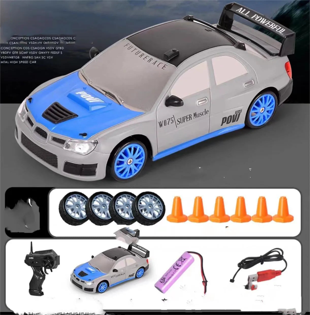 2.4G RC drift car 4WD 1:24 scale remote control toy GTR model in classic style on road with traffic cones