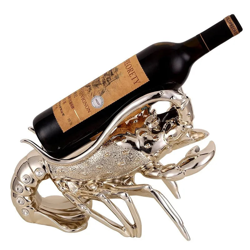 Lobster-shaped wine rack ornament in rose gold or elegant silver finish holding wine bottle