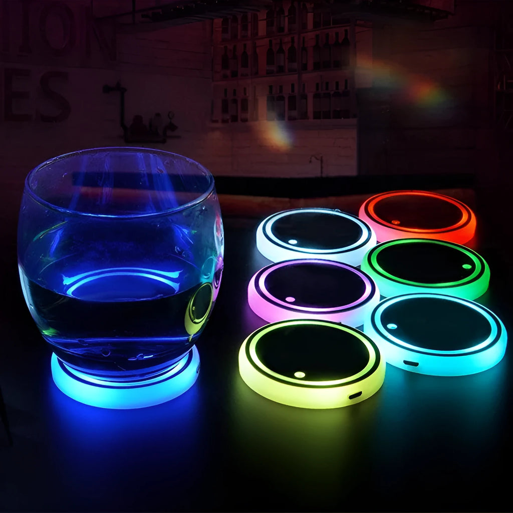 Colourful LED light-up cup coaster for car holder with USB cable and solar panel