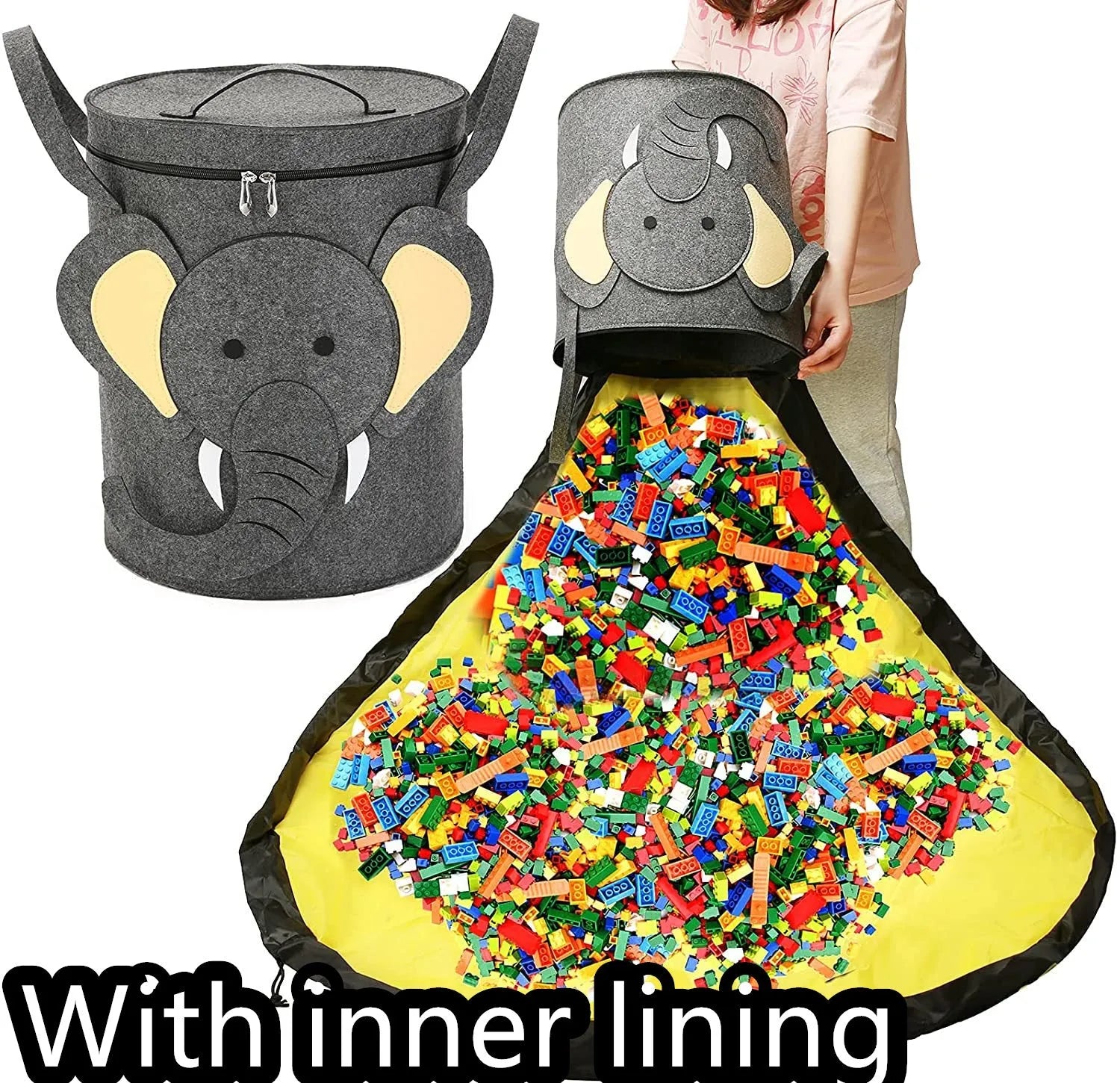 Green felt cube storage bag with pull rope shown as both a toy play mat and closed storage container