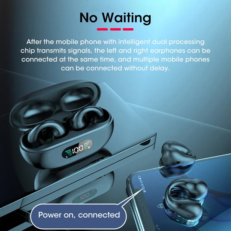 Black bone conduction Bluetooth headset clip showing ear clip design and charging cable