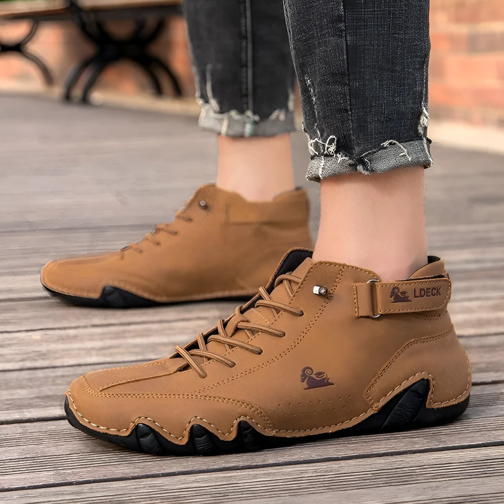 High top men's casual shoes in khaki colour with microfiber upper and rubber sole