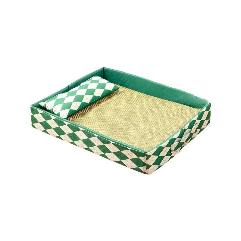 Blue woven rattan cat bed mat sitting on top of a white litter tray.