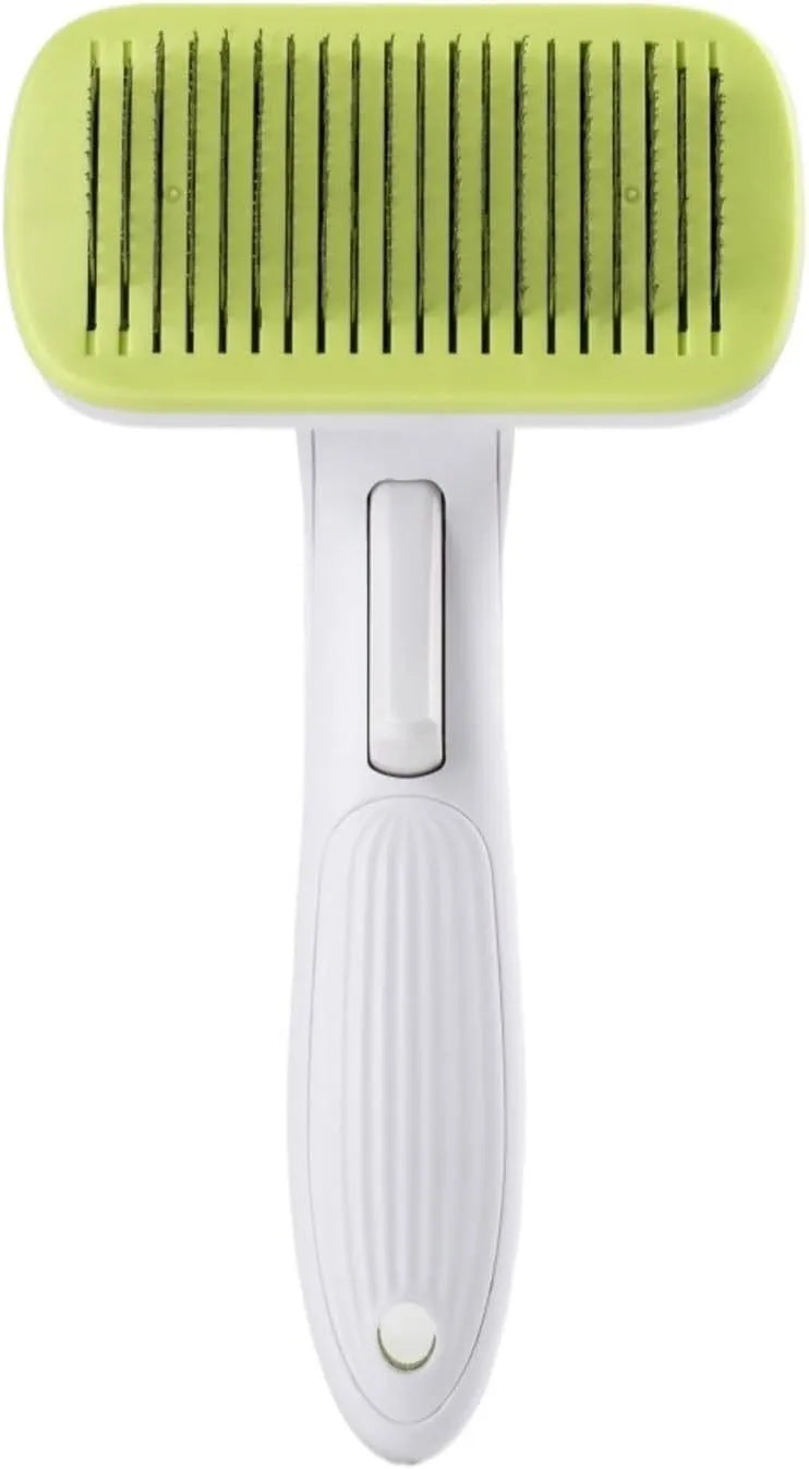 Automatic pet hair removal comb for dogs and cats showing colour options and dimensions