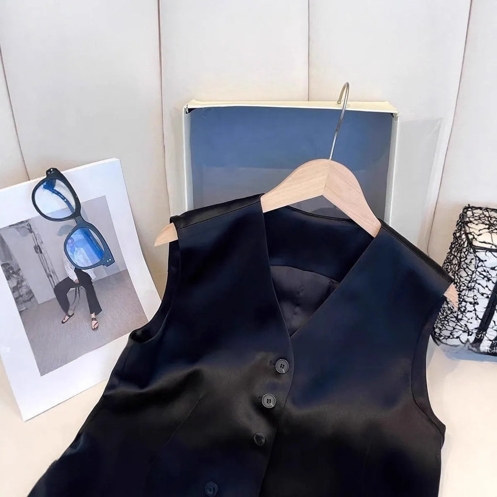 Black satin ladies' vest with loose fit and sleeveless design on hanger