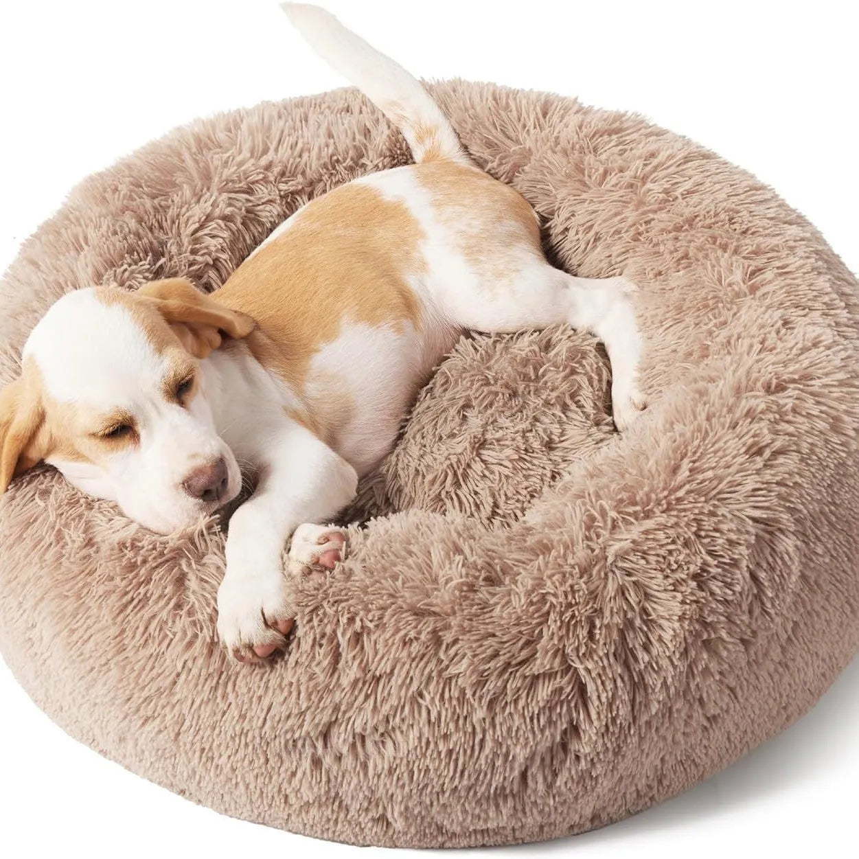 Indoor non-slip round fluffy plush pet bed for dogs in khaki, 60cm size, on a wooden floor