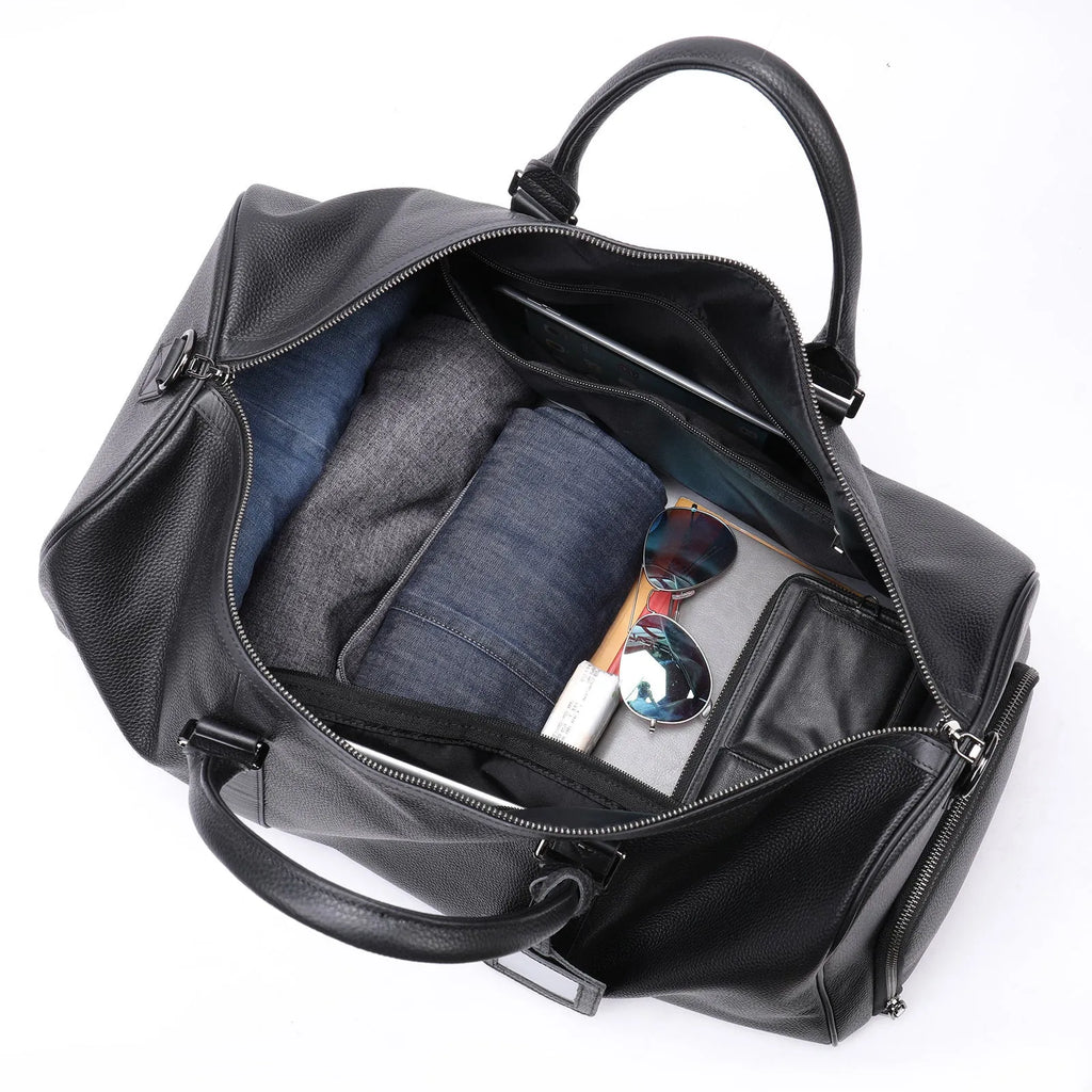 Men's leather excursion bag in black and coffee colours showing 44cm and 55cm size options