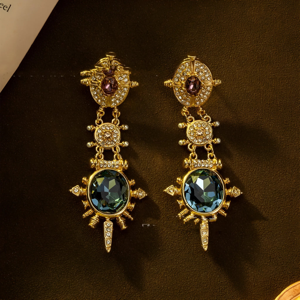 Gold retro geometric stud earrings with diamond-treated alloy construction