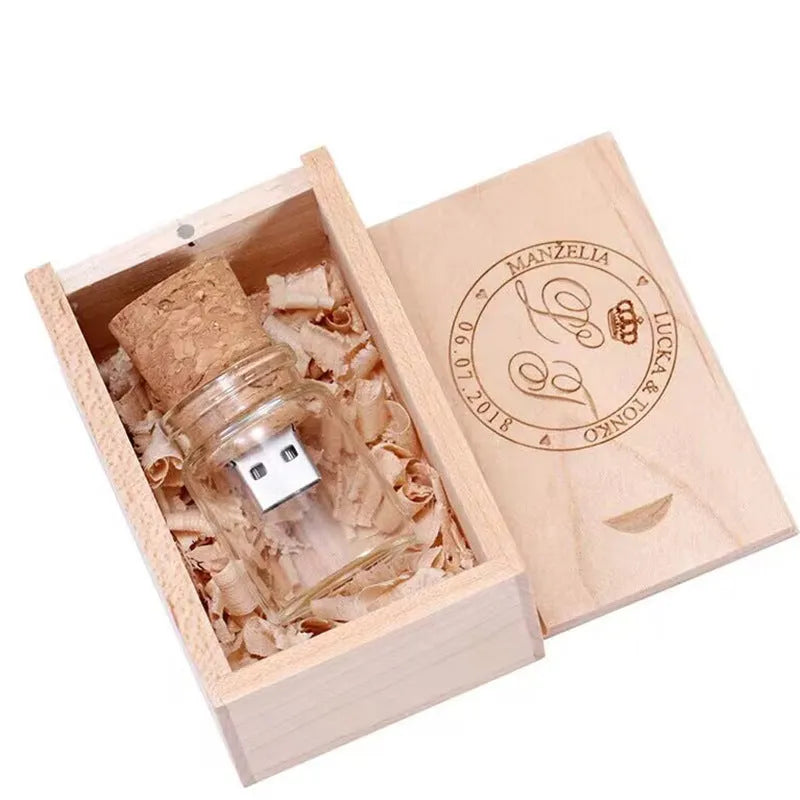 Wooden wish drift bottle shaped USB flash drive with transparent casing on display.