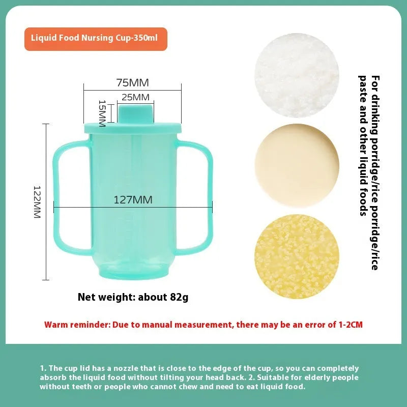 Oblique mouth choke-proof drinking cup with lid and handle, showing optional wrist splint attachment