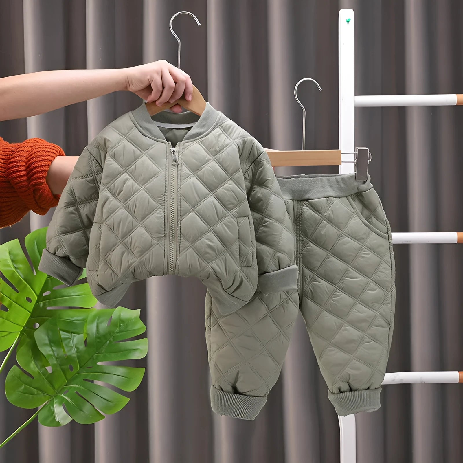 Children's fleece-lined suit set in plaid cotton clothes, green colour, for casual wear