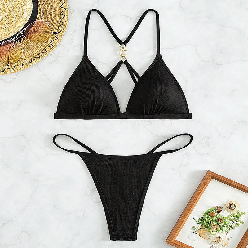 Black hollow backless triangle bikini top with matching tie-side bottoms