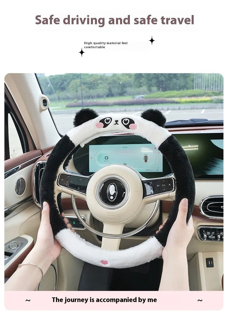 Rabbit fur plush steering wheel cover with embroidered cartoon panda design for winter.