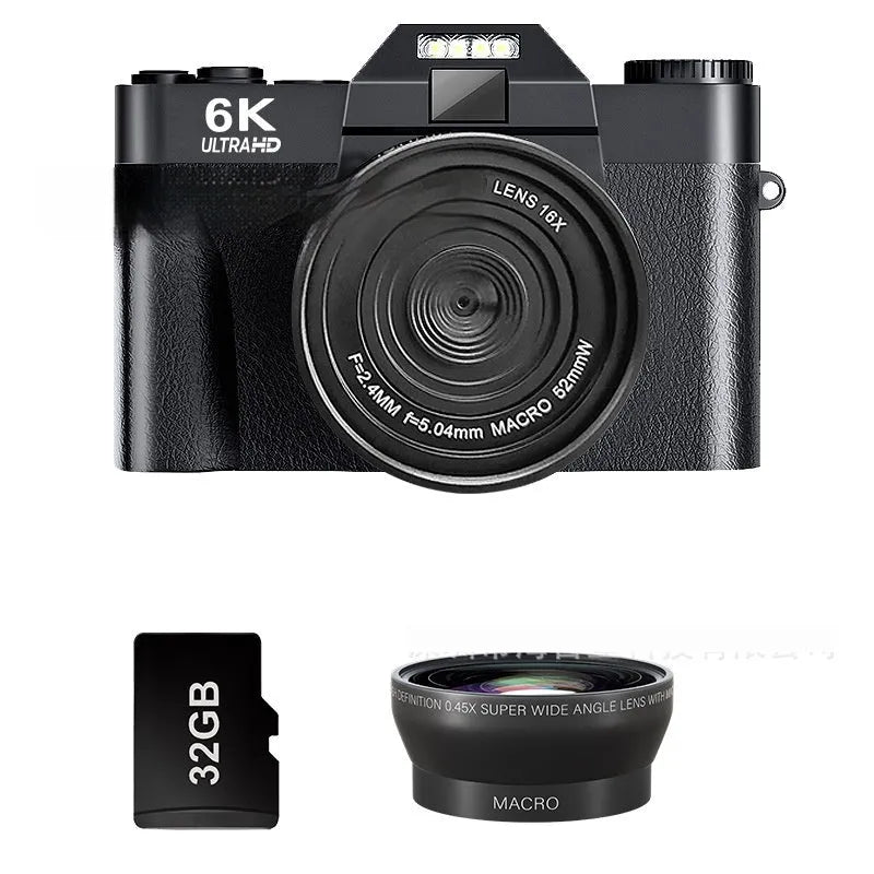 6K HD retro mirrorless camera in black with 32G card, compact design for travel photography