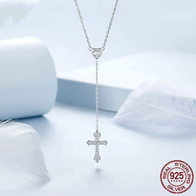 Silver love cross pendant necklace for women with 925 sterling silver pendant and O-ring chain.
