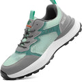 Green low-top work shoes with mesh panels, plastic steel toe caps, and a TPU sole.