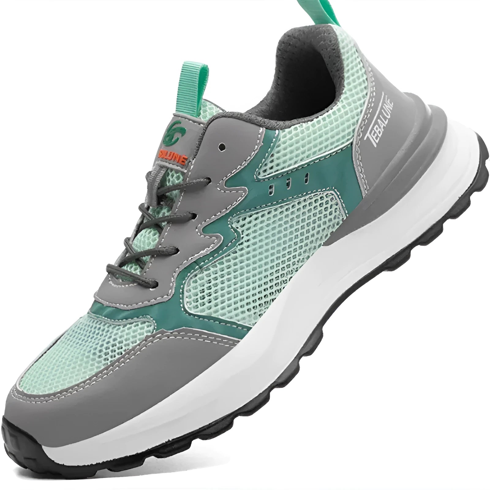 Green low-top work shoes with mesh panels, plastic steel toe caps, and a TPU sole.