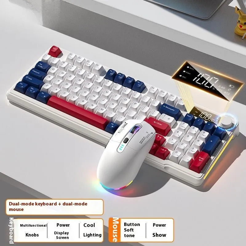 Blue White wireless Bluetooth keyboard and mouse combo with mechanical-feel keys and triple connectivity options