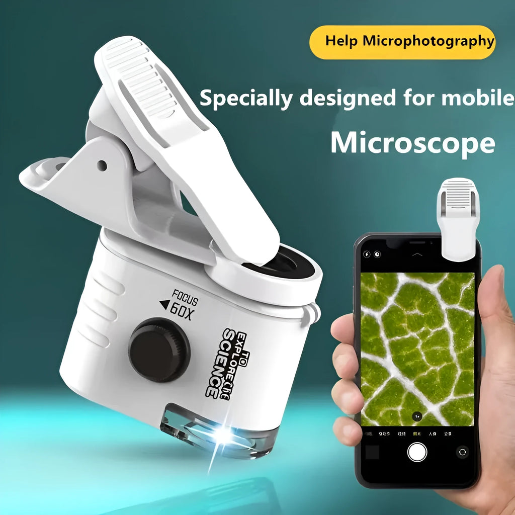 Mini 60x magnification smartphone microscope with LED light and detachable clip on a mobile phone