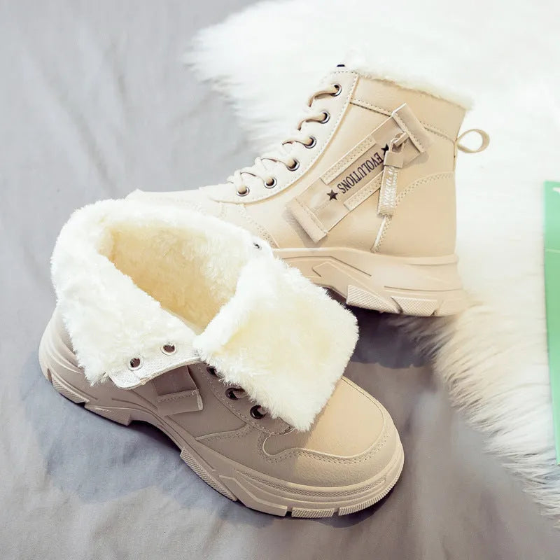 Women's plus size tall crown fleece-lined snow boots with lace-up front and round toe