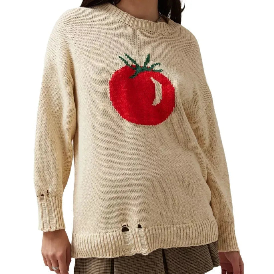 Women's beige acrylic Jacquard pullover sweater with round neck and loose-fitting medium length design