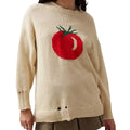 Women's beige acrylic Jacquard pullover sweater with round neck and loose-fitting medium length design