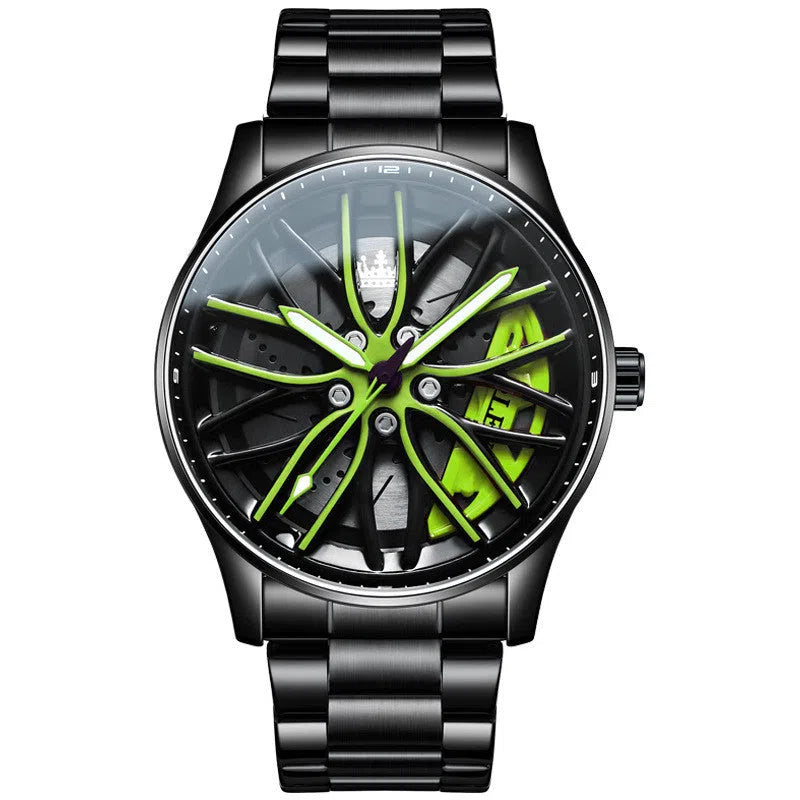 Men's hollowed-out luminous quartz watch with stainless steel strap showing black and red colour variant on a white background
