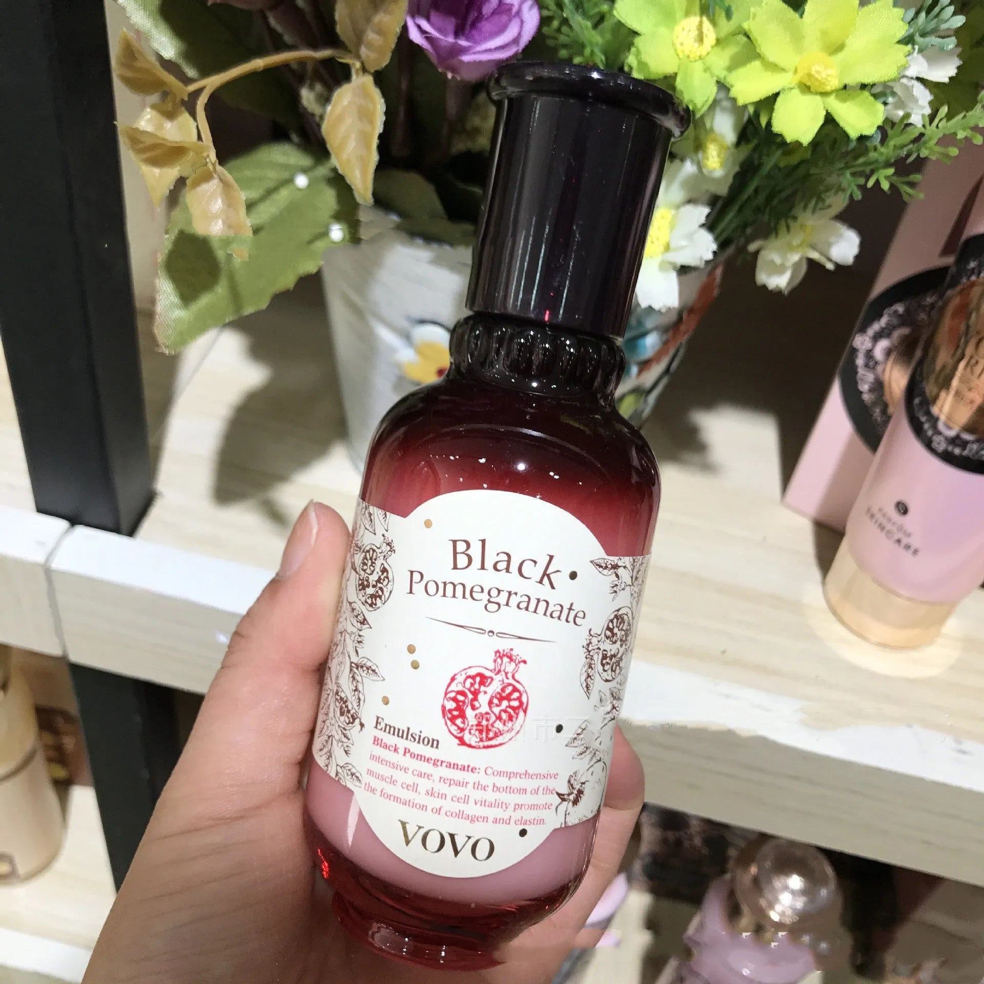 Pomegranate skin care set with six products: water, milk, cream, essence, eye cream and cleanser