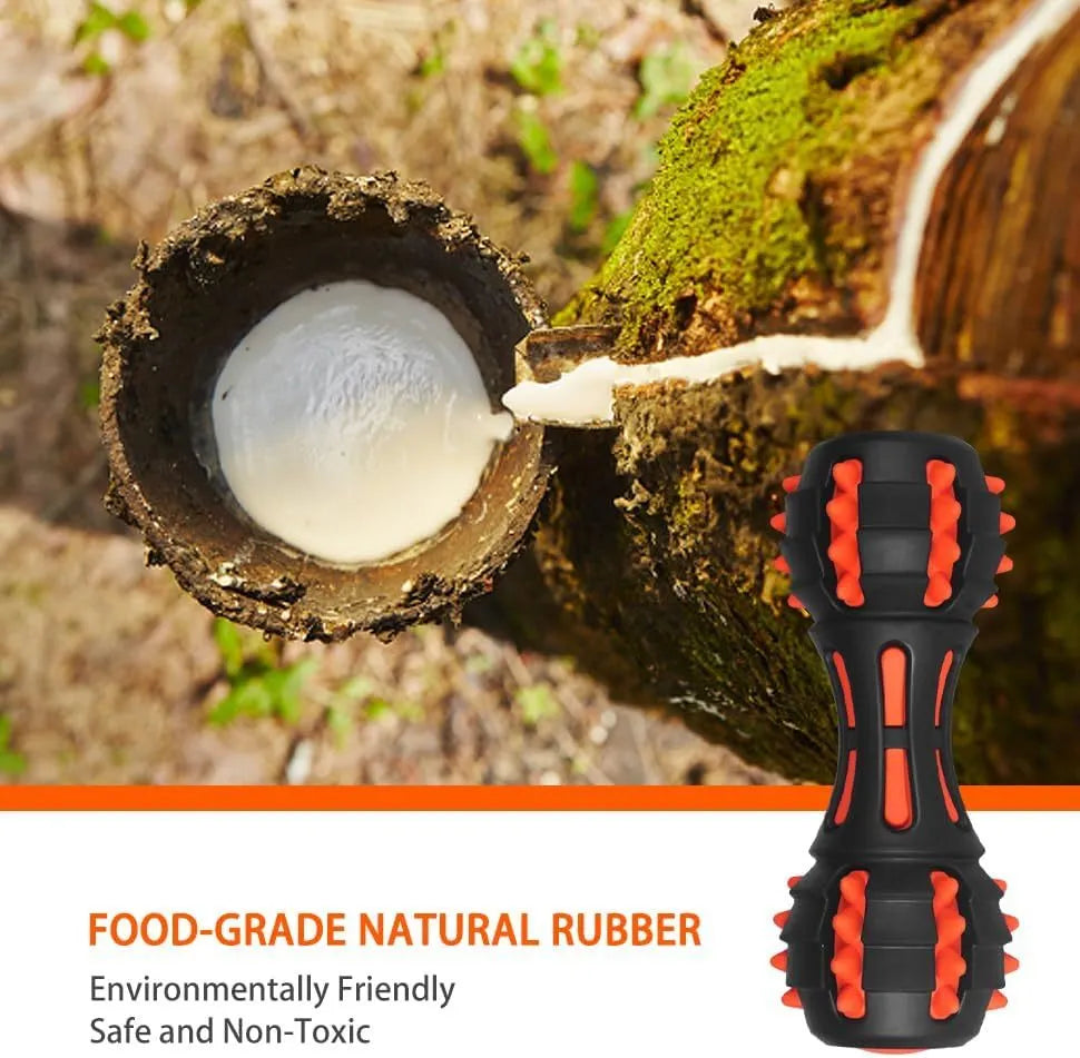 Red rubber dumbbell-shaped dog chew toy for aggressive chewers with natural rubber construction