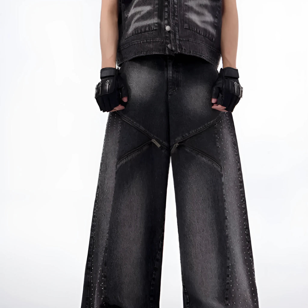Wide leg cotton denim pants with structure zipper and worn finish in black and grey Korean style